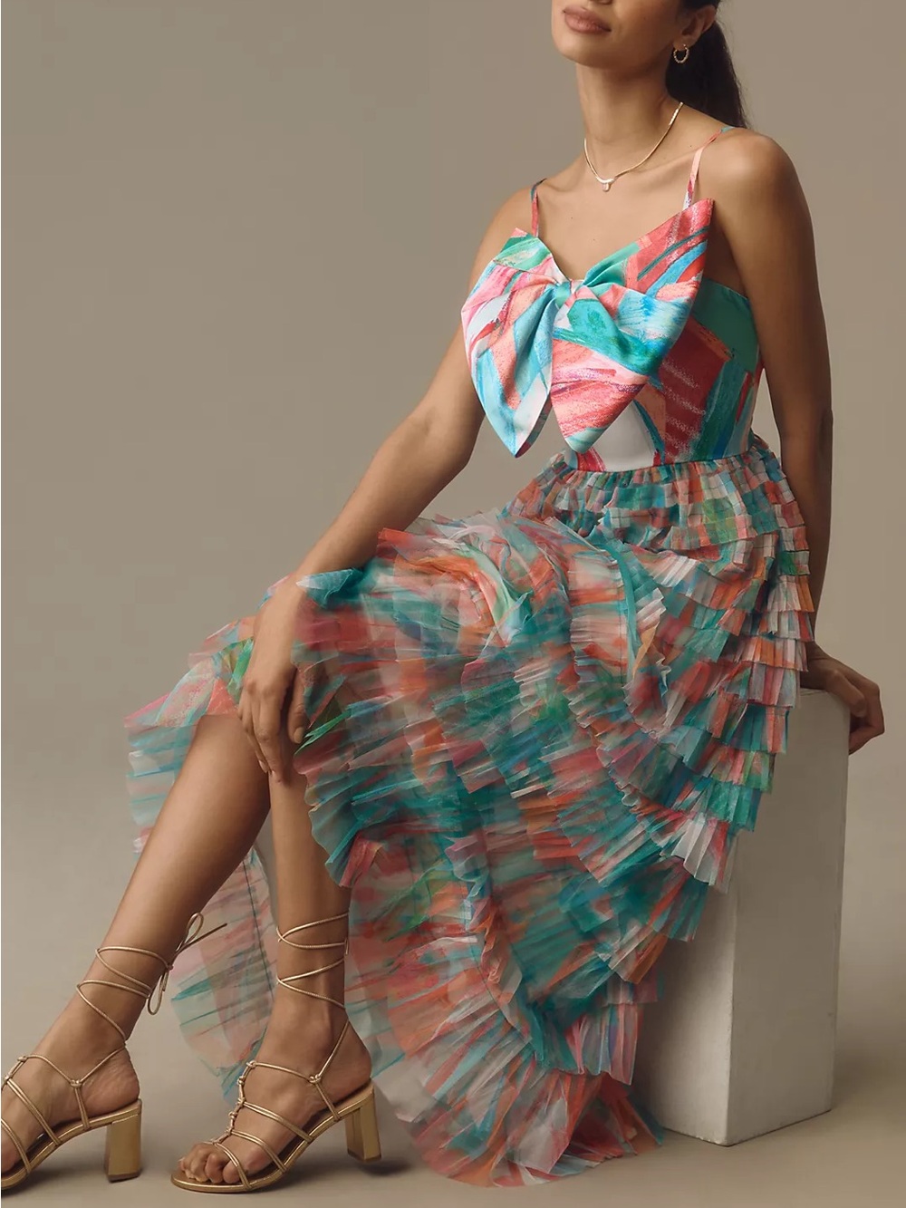 NWT Anthropologie Hutch Bow Tiered Tulle Mesh Maxi Dress Pink Blue Sz 8P